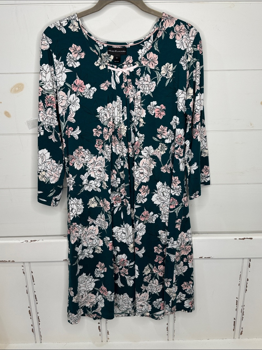 Miss Elaine Teal Floral Long-Sleeve Nightgown with Pink and White Blooms